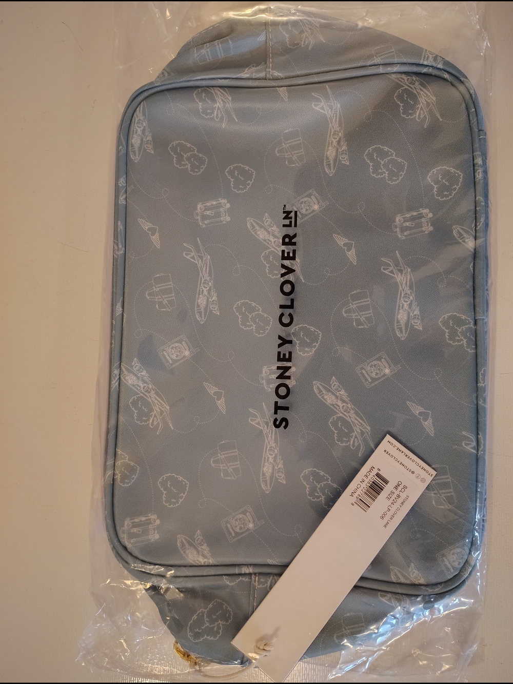 Stoney Clover Lane Pale Blue Travel Pouch with White Print